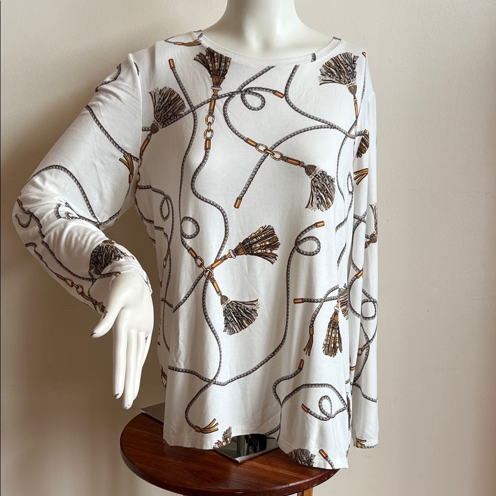 Chico's White and Brown Rope Design Long Sleeve Top